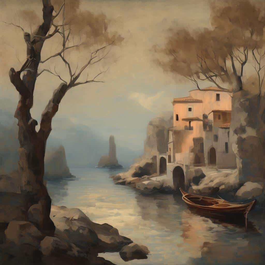 Καταπληκτική ζωγραφική τοπίου με φυσική και τέχνη, παραθαλάσσιο τοπίο με σπίτια και θάλασσα.