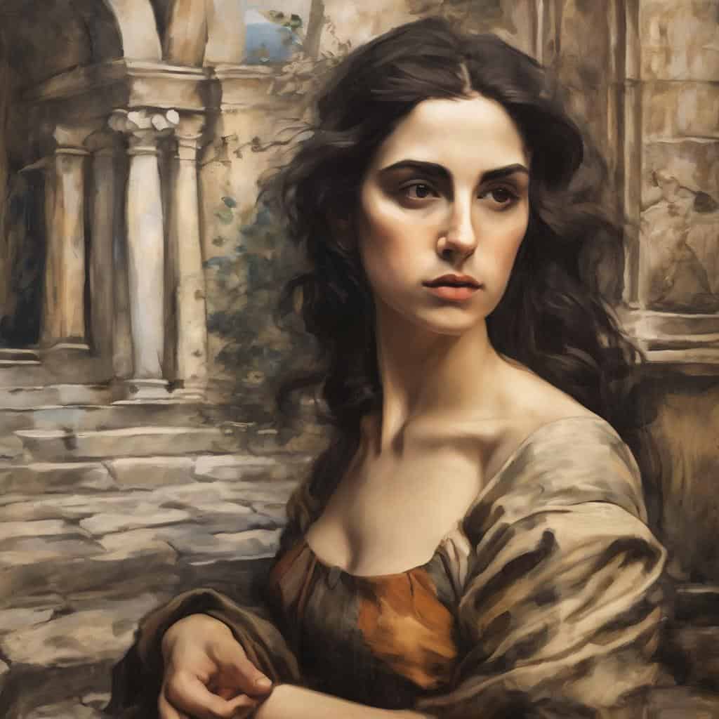 ζωγραφική τοπίου φύση και τέχνη, πορτραίτο γυναίκας, δημιουργία τέχνης, έργο ζωγραφικής, ρεαλιστικό πορτραίτο, καλλιτεχνική απεικόνιση, ιστορική ατμόσφαιρα, παραδοσιακή τέχνη, art και φύση, ελληνική τέχνη, καλλιτεχνική ερμηνεία.