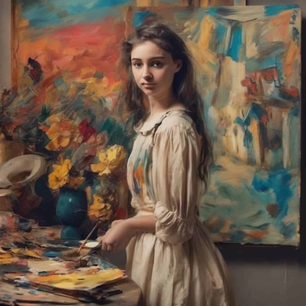 Ζωγραφική τοπίου: φιλία και τέχνη, νεαρή γυναίκα ζωγραφίζει σε στούντιο, τοπία και φύση, δημιουργικό έργο τέχνης.