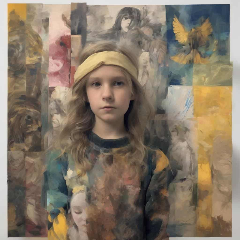 Ζωγραφική τοπίου με νεαρό κορίτσι και ζωγραφικά στοιχεία φύσης, τέχνη και δημιουργία.