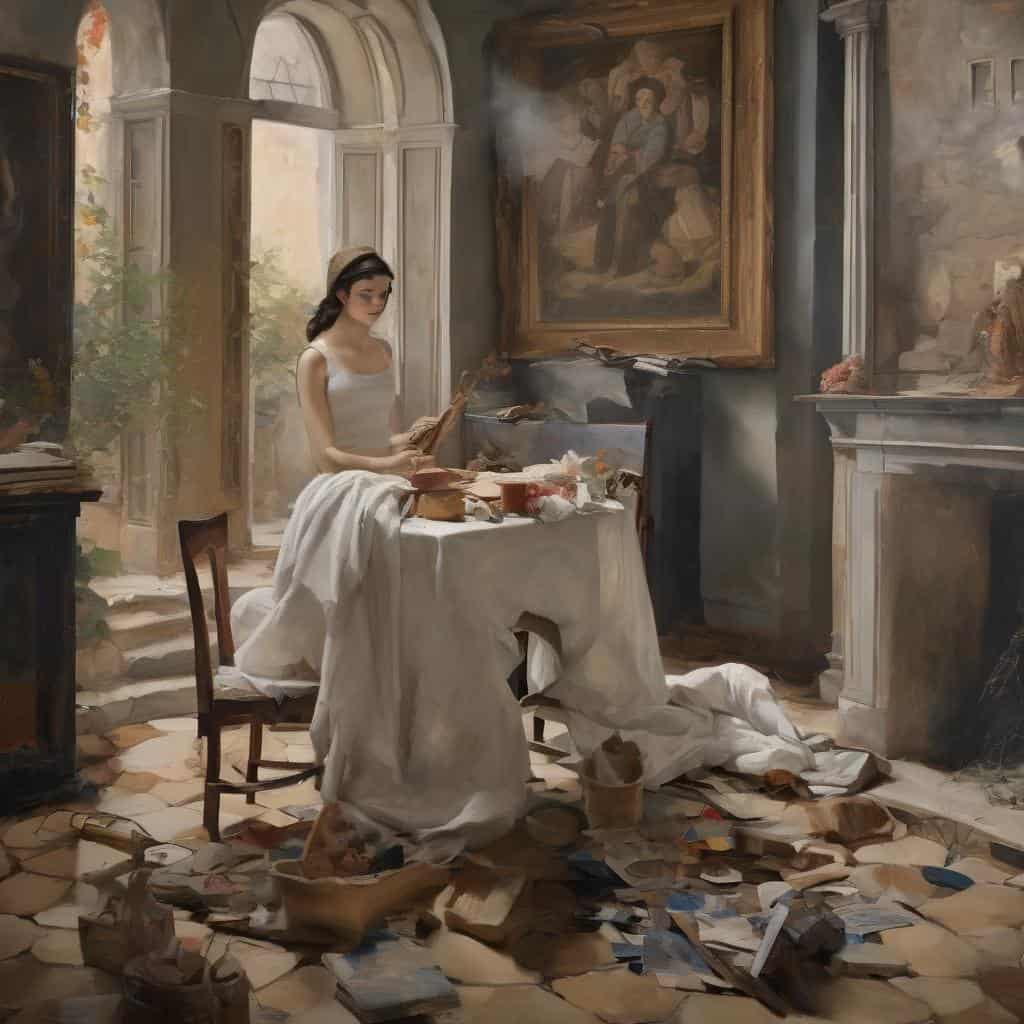 Ζωγραφική τοπίου: φυσική και τέχνη σε εσωτερικό χώρο με καμβά και παλιά έργα τέχνης, ιδανική για καλλιτεχνική έμπνευση και δημιουργία.