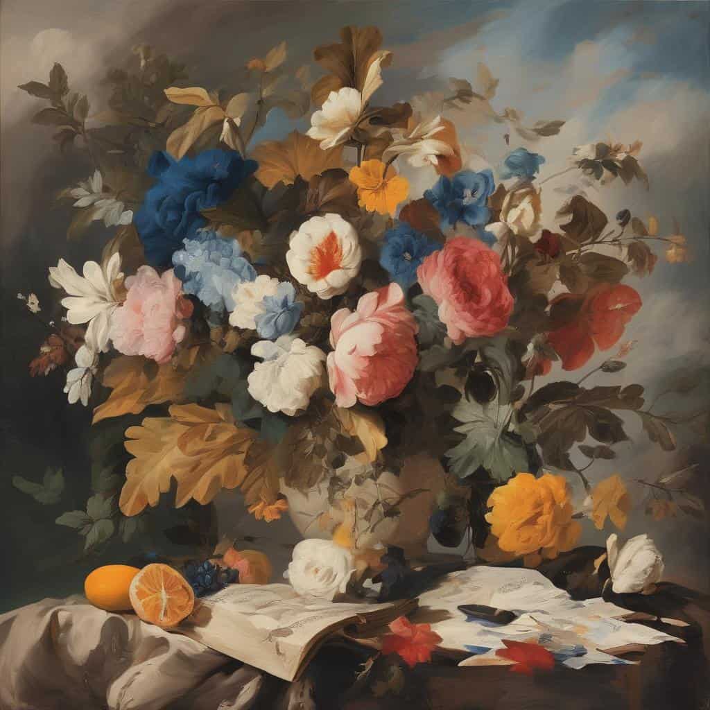 Ζωγραφική Τοπίου: Φύση και Τέχνη με όμορφα φύλλα και λουλούδια σε ρεαλιστικό στυλ.