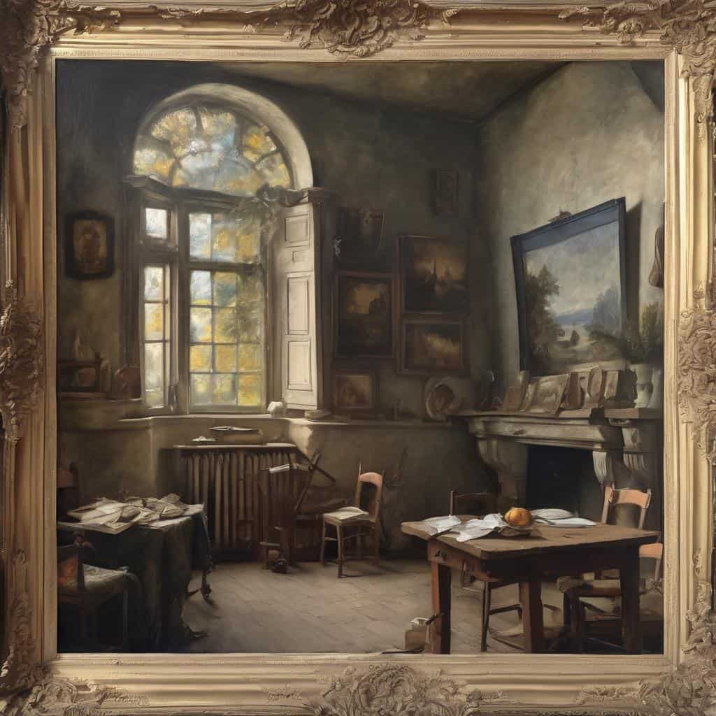 Λιθογραφία τοπίου σε εσωτερικό χώρο με μπαλκόνι και παράθυρο, έργο τέχνης με περιγραφές φύσης και τέχνης.